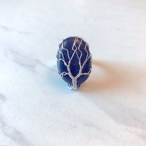 Wire Wrapped Tree of Life Blue Goldstone Ring